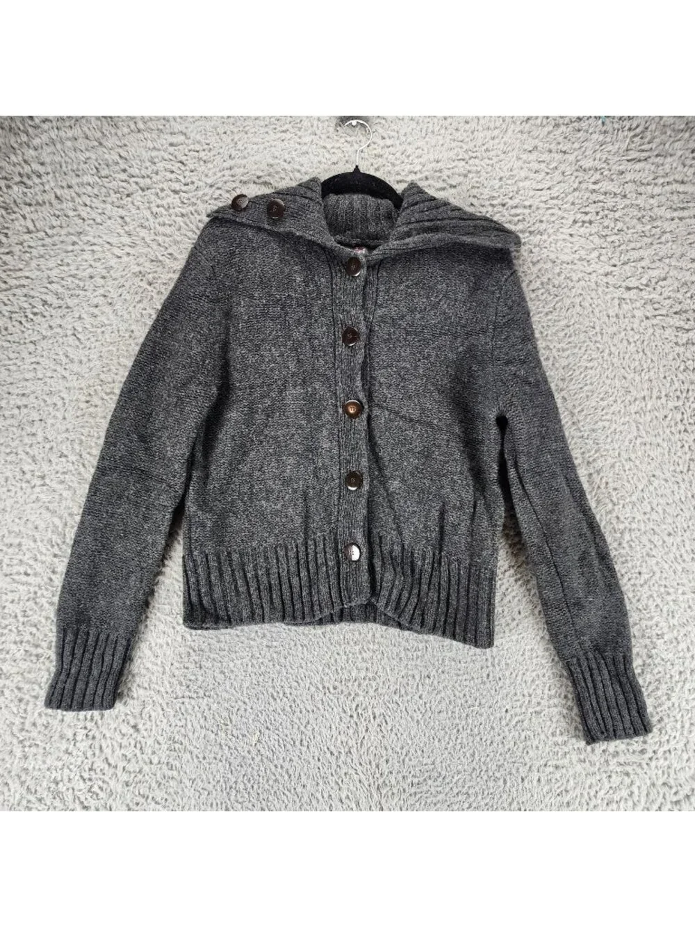 Rosanna Sweater Womens Large Petite Gray Lambs Wool Button Up Cardigan